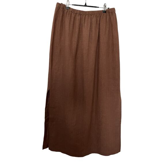 Eileen Fisher 100% Linen Midi Skirt Size M Brown Side Slits Lagom Sustainable - Picture 2 of 8